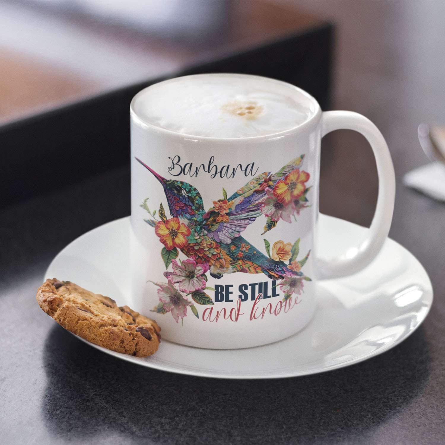 Personalized Hummingbird & Hibiscus Mug - Custom Name Coffee Cup, 11oz White Ceramic, Gift For Bird Lovers