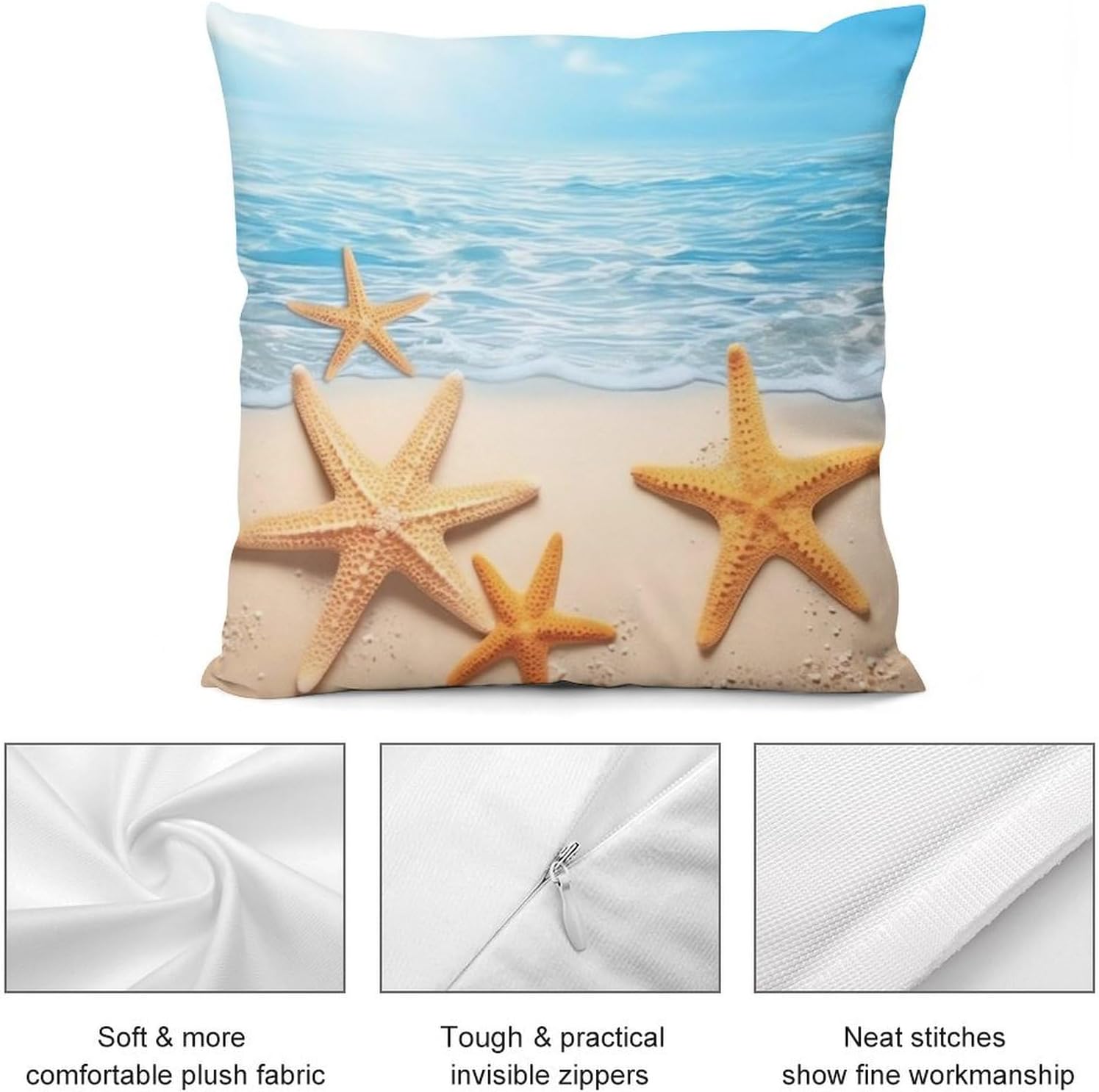 Zippered Pillow Cover, Pillow Protector, Summer Starfish Printed Pillow Cover of 4, Pillow Not Included