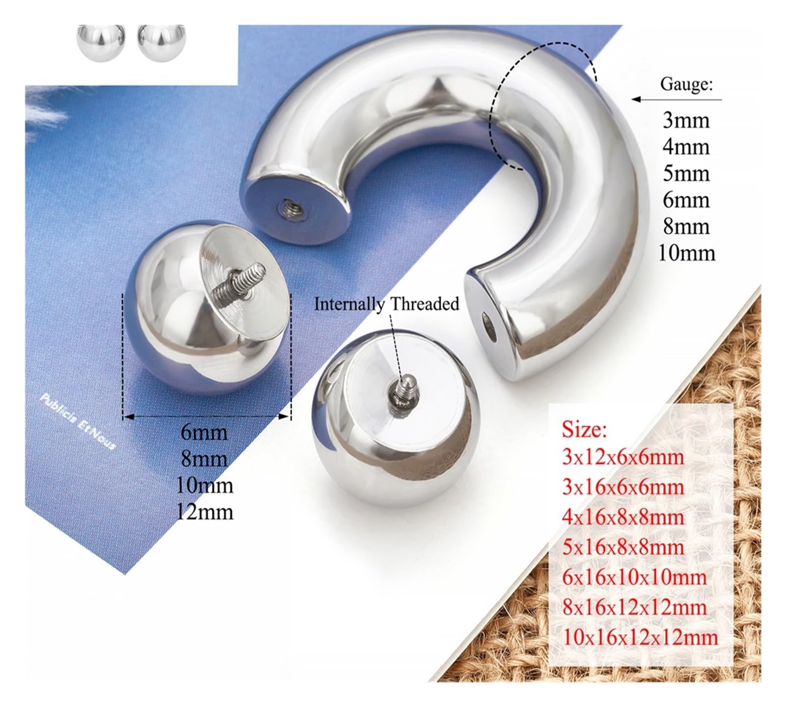 6G 8G 10G Duży Rozmiar Kolczyka Do Nosa F136 Tytan 3-10mm Duże Ucho Przegroda Tragus Chrząstka Helix Okrągły Kolczyk Piercing Biżuteria Do Ciała(10.0x16x12x12mm)