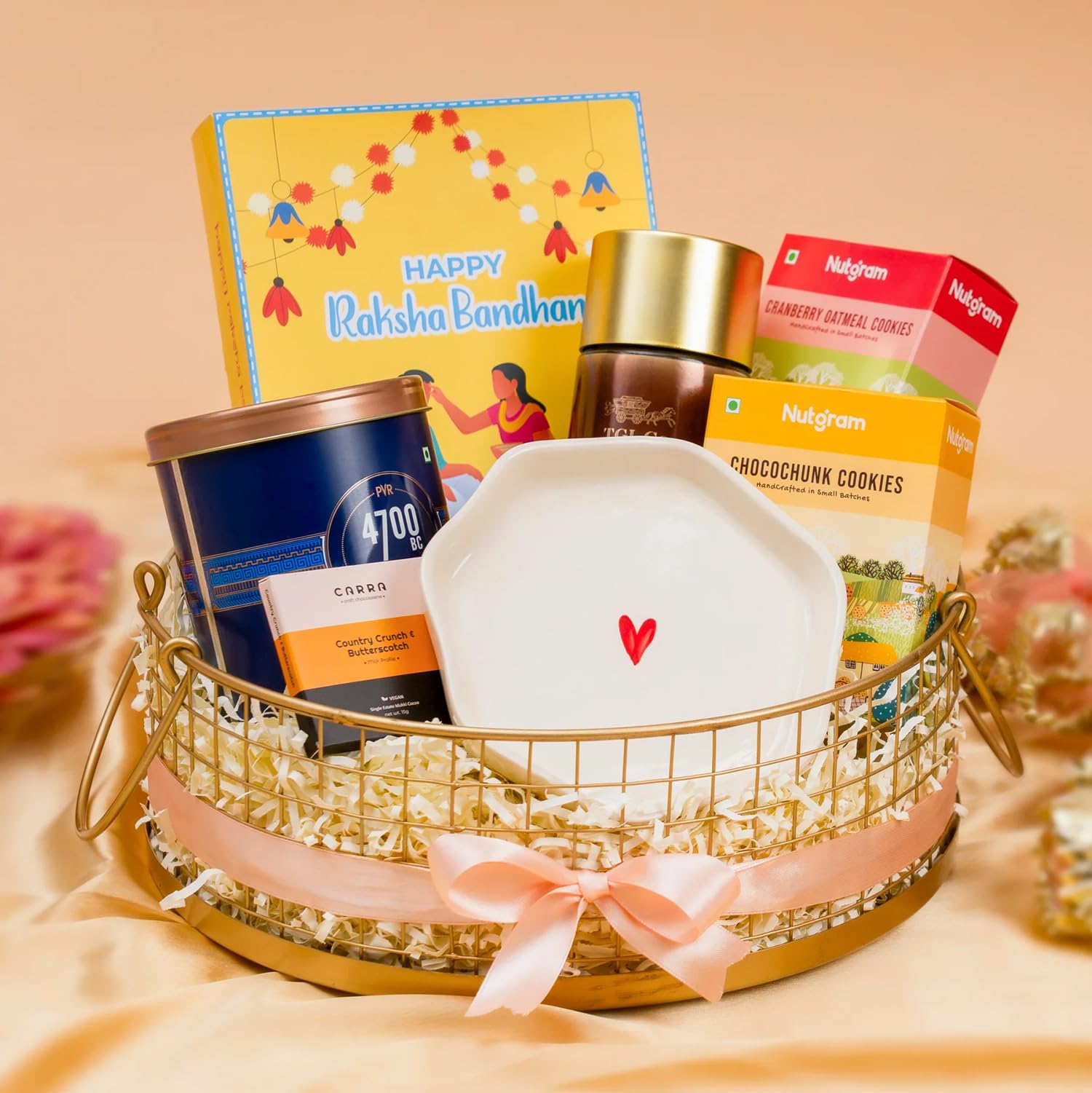 The Zappy Box Rakhi Gourmet Delights Gift Basket | Chocolate Box, Cookies, Popcorn, Filter Coffee, Heart Ceramic Plate & Greeting Card in Golden Zappy Basket | Raksha Bandhan Gift Hamper | Qty:1-image-6