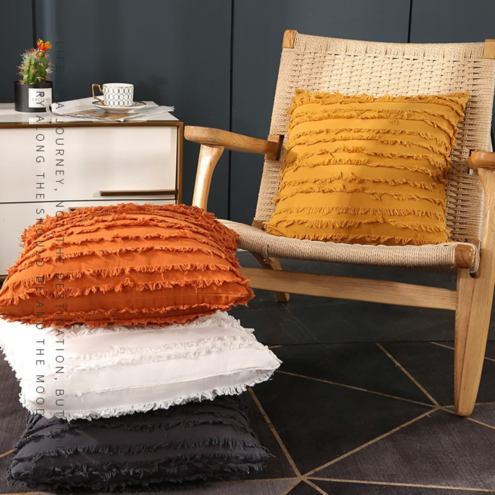 Federe Cuscini 45X45 Boho, Federe Cuscino Letto Tinta Unita Double Face con Nappe Cotone Copricuscini Cachi Chiaro 4 Pezzi per Divano Soggiorno