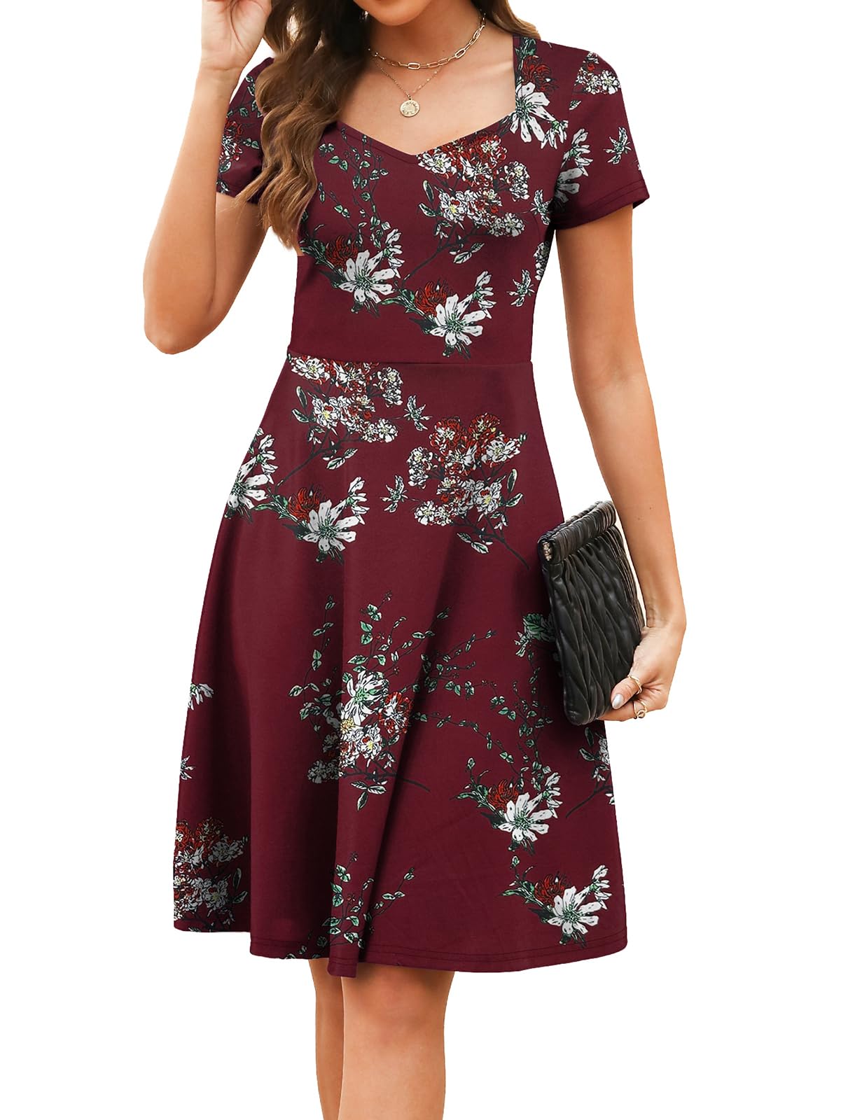 Women's Elegant Vintage Summer Sweetheart Neck Short Sleeve Casual Work Party Business A-Line Dress 163: X-Large Burgundy Floral