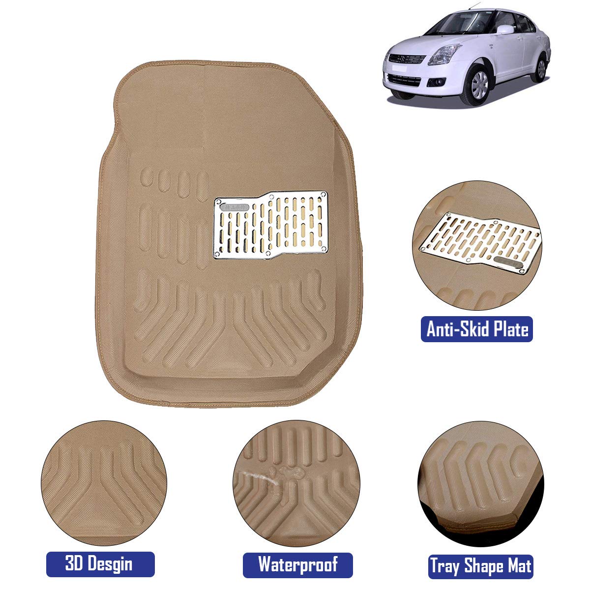 KINGSWAY® 4D Car Floor Foot Mats Compatible with Maruti Suzuki Swift Dzire (Year 2008-2012) - Complete Set of 3 Pieces, Top-Notch PVC Material, Washable, Beige
