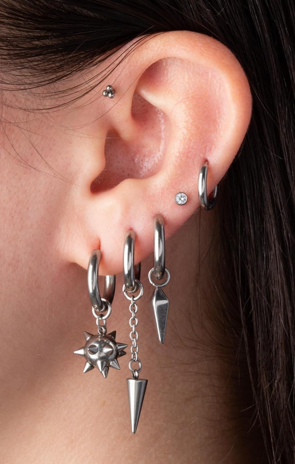 20GA 316L Stainless Steel Spiked Ball Dangling Huggie Hoop Earrings, Sold as a Pair - Image 5