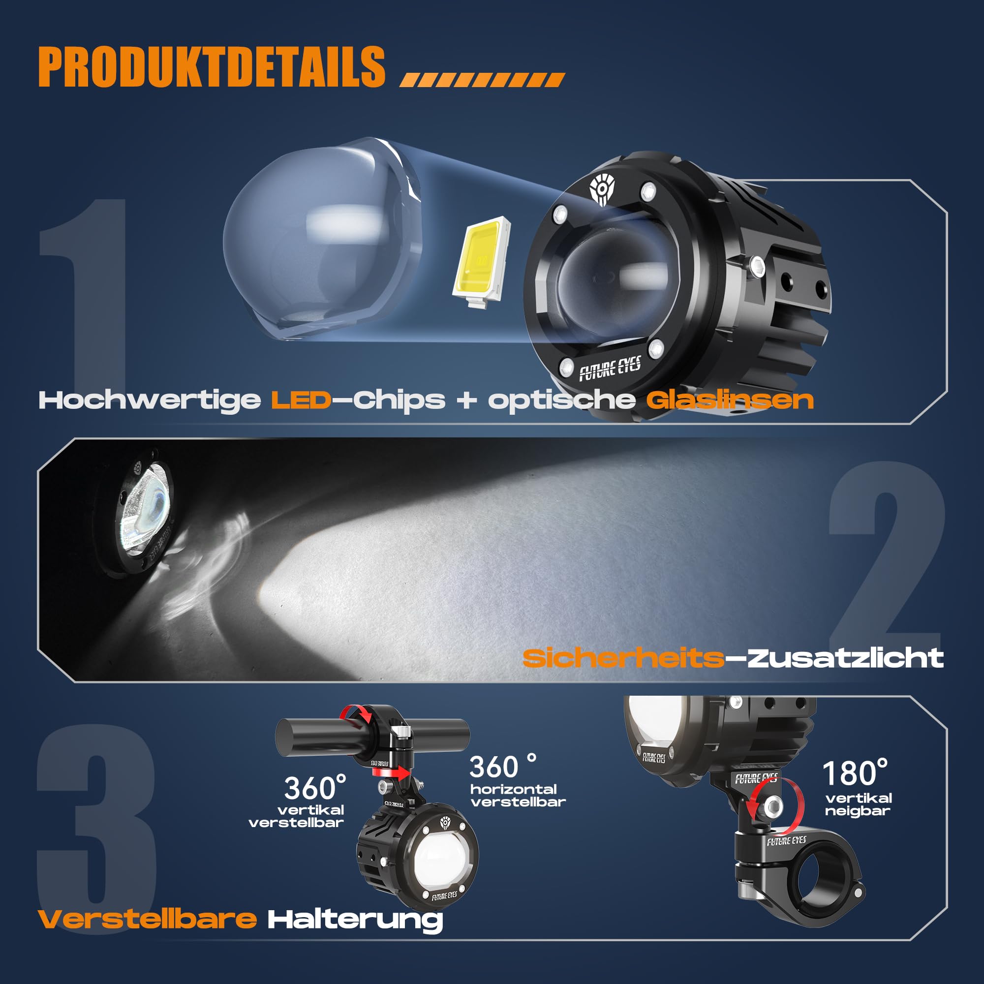 Future Eyes Motorrad LED Nebelscheinwerfer, 60W Zusatzscheinwerfer mit 360° Schwenkfunktion, Fern-/Abblendlicht, Wasserdichte Fahrlichter für Nachtfahrten, ATV, UTV und Motorrad-Scheinwerfer