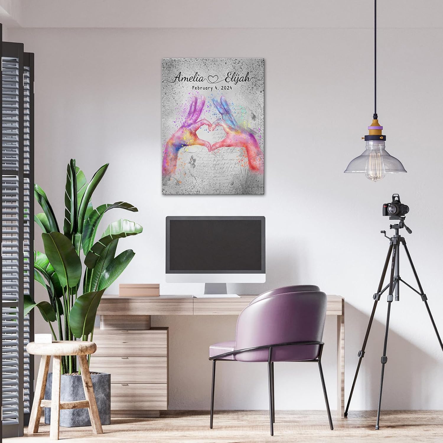 iLOOKLiKE Personalized Heart Hand Gesture with Couple's Names and Date Wall Art Custom Perfect Present for Him Her Romantic Starry Design Painting Home Decor Love Gifts for Anniversary Wedding