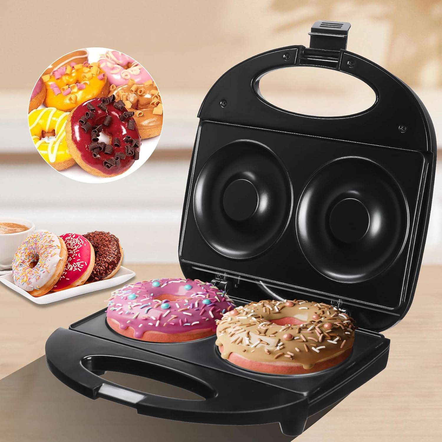 Donut Maker,Doughnut Machine,Bake 2 Donuts,Double-sided heating, Non-stick Surface, Perfect for Breakfast,for Commercial or Family Use,Easy to Clean