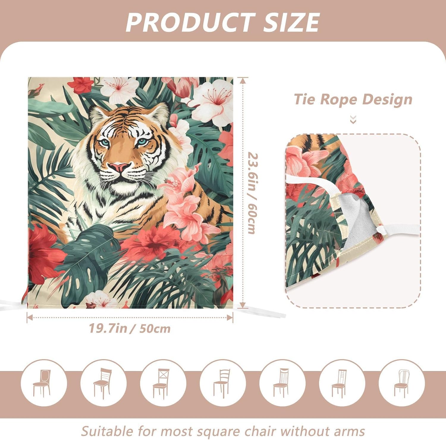 ALAZA Tiger and Flowers Chair Back Cover Set of 6, Washable Reusable Removable Chair Slipcovers Decorative Chair Cover for Home Kitchen Wedding Party
