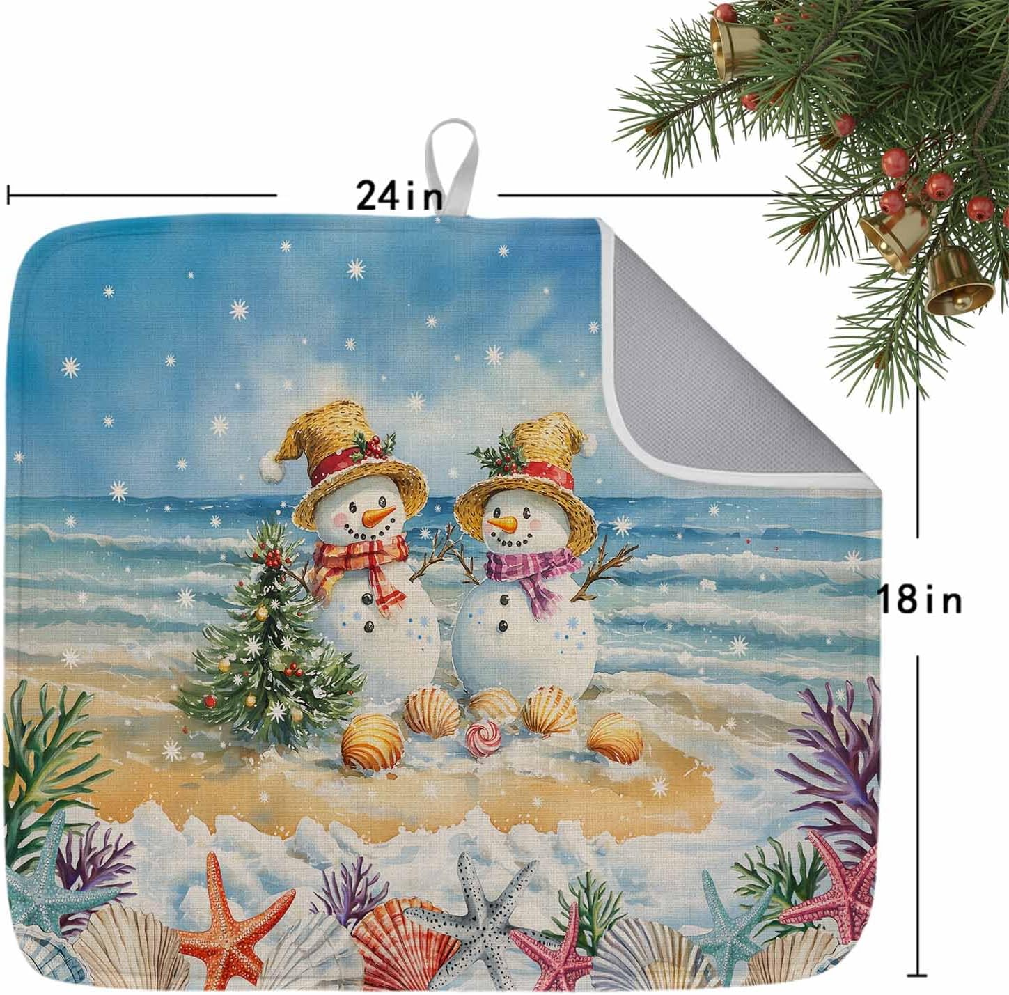 Christmas Snowman Shell Starfish Beach Dish Drying Mats for Kitchen Counter,Absorbent Microfiber Dish Drainer Rack Mat Pine Tree Blue Sky Drying Pad for Sinks,Utensils,Countertops,18x24in