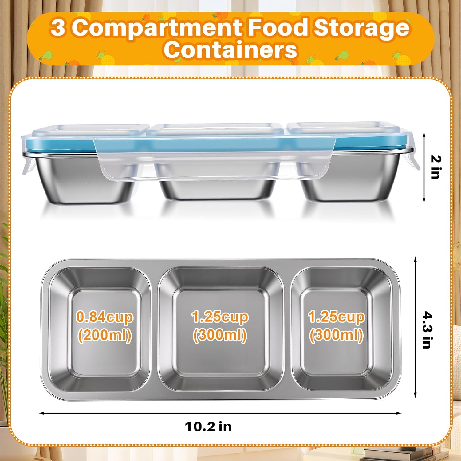 LemonRoad 4 Pack Stainless Steel Snack Containers with Lids Reusable Metal Divided Bento Lunch Boxes with Forks and Spoons Food Storage Containers for Work Travel(Blue,3 Compartment) - Image 2