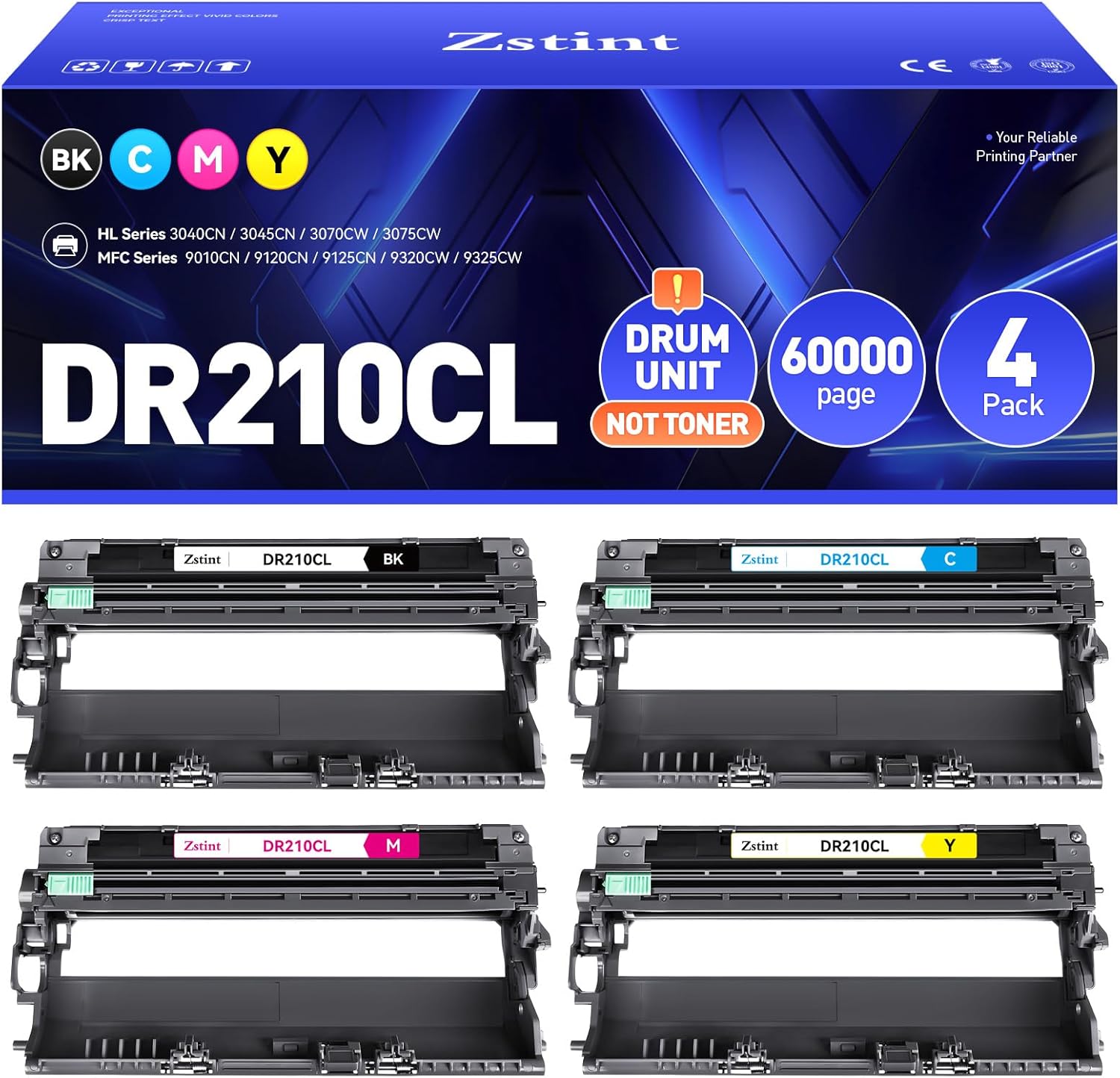 DR210CL Drum Unit (Not Toner) 4-Pack Replacement Compatible for Brother DR-210CL Imaging Drum for MFC-9325CW MFC-9125CN HL-3070CW 3040CN 3045CN 3075CW MFC-9320CW MFC-9120CN 9010CN Printer Black Color
