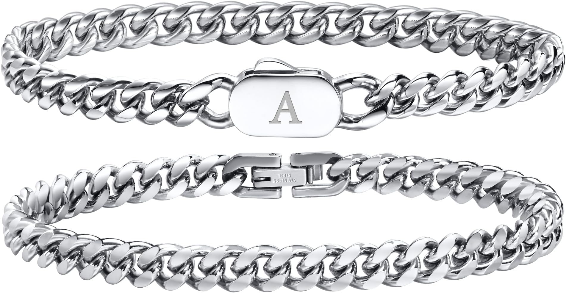 Mens Initial Link Chain Bracelets-2 Pcs A-Z Letters Stainless Steel Cuban Link Chain Bracelets, Silver Sturdy Curb Initials Monogram Alhpabets Jewelry Gifts for Men Boys Son Dad Boyfriend Husband