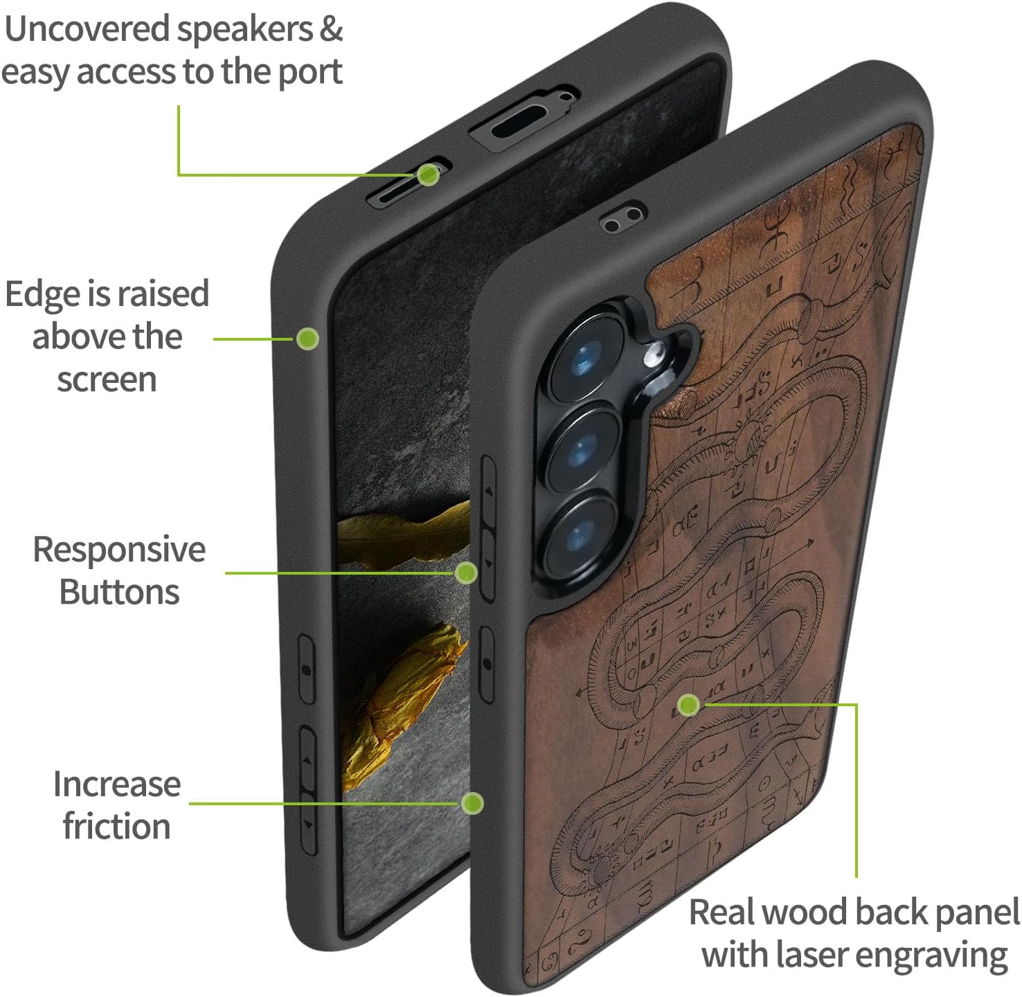 Carveit Wood Case for Galaxy S24 Plus Case [Natural Wood & Black Soft TPU] Shockproof Protective Cover Unique Wooden Design Compatible with S24 Plus (Gothic Serpent Time-Walnut)