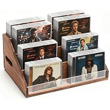 Rustic Wood CD Display StandOrganizer 32 CDs, 4-Tiered Tabletop CD Rack Storage Shelf Holds for CD Collection, Brown, Retro