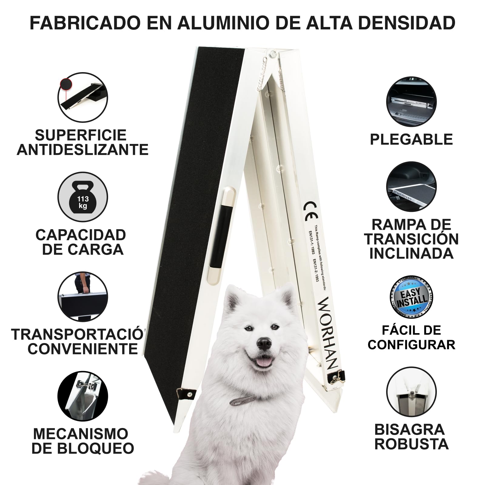 Rampa de Carga Acceso para Mascota Perro 113kg Rigida Robusta Plegable Plataforma Aluminio Superficie Antideslizante DR48
