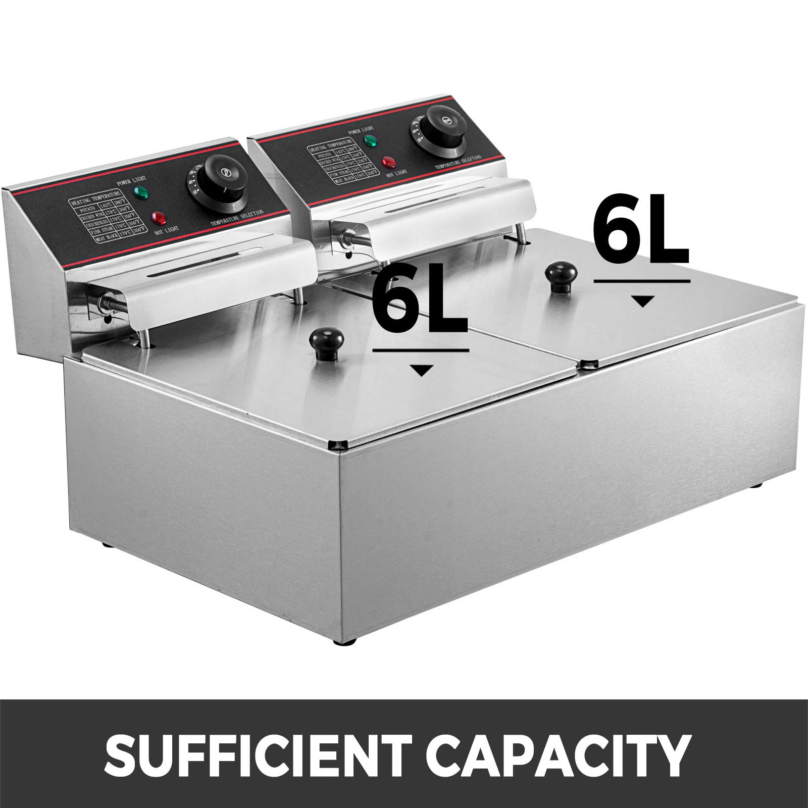 Freidora 12L Eléctrica INOX, Freidora Comercial de Acero Inoxidable, Doble Depósito 5000W