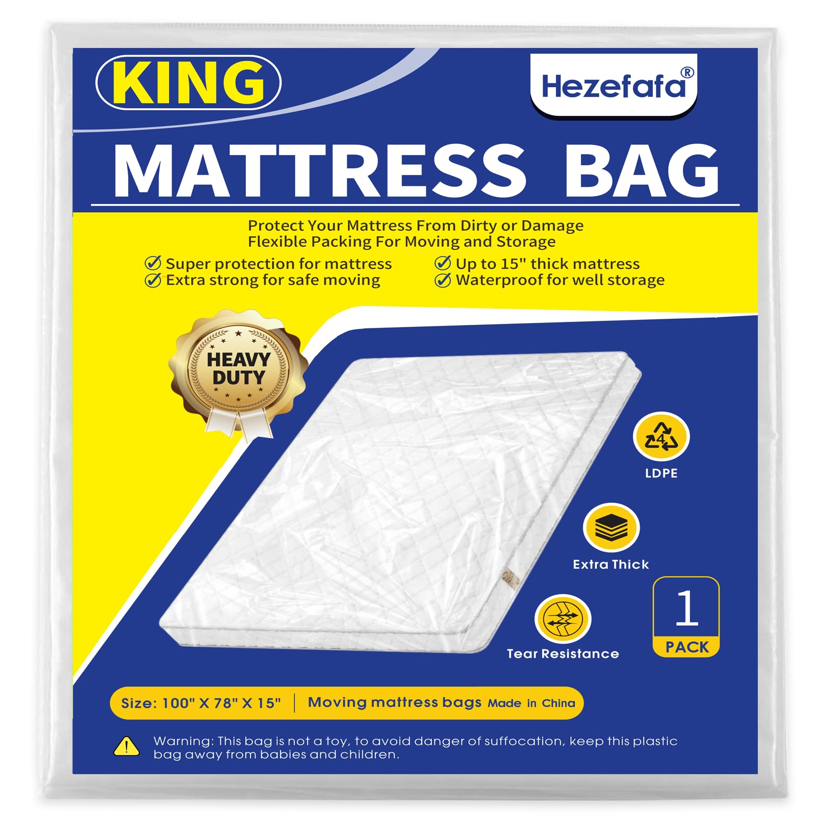 1PK King Size Mattress Bag for Moving and Storage, Thick Plastic Mattress Protector Cover, Tear Risistance Mattress Bags for Moving King 100 x 78 x 15 inches-image-6