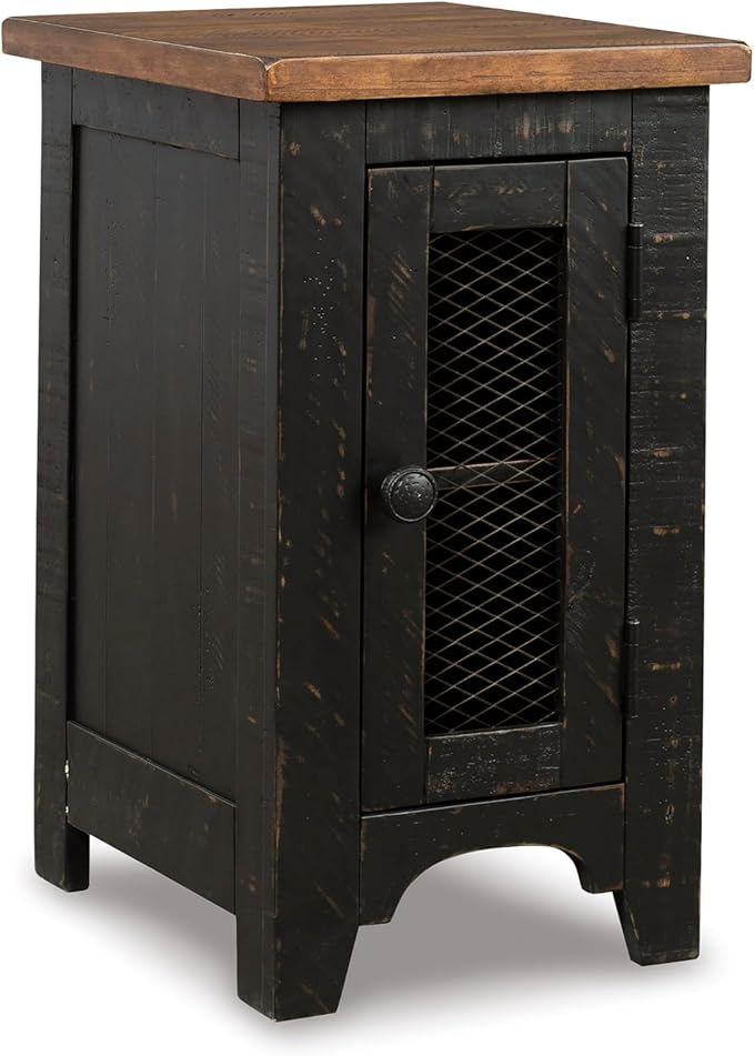 Signature Design by Ashley Valebeck Rustic Farmhouse Chair Side End Table with Cabinet Door, Distressed Black