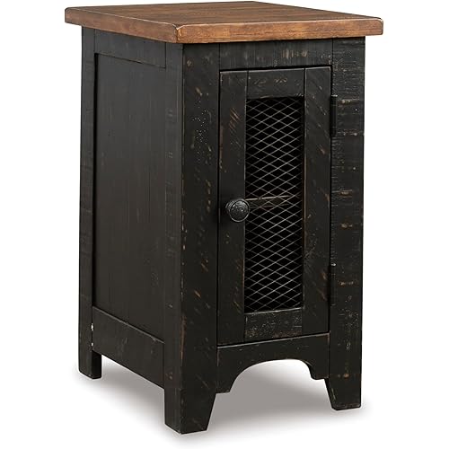 Signature Design by Ashley Valebeck Rustic Farmhouse Chair Side End Table with Cabinet Door, Distressed Black