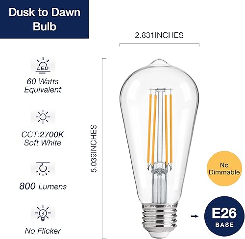 Miniatura 2 de FLSNT Bombilla LED ST19 con sensor de atardecer a amanecer, 7 W (60 W equivalente), 800 lúmenes, base de filamento vintage E26, fotocélula