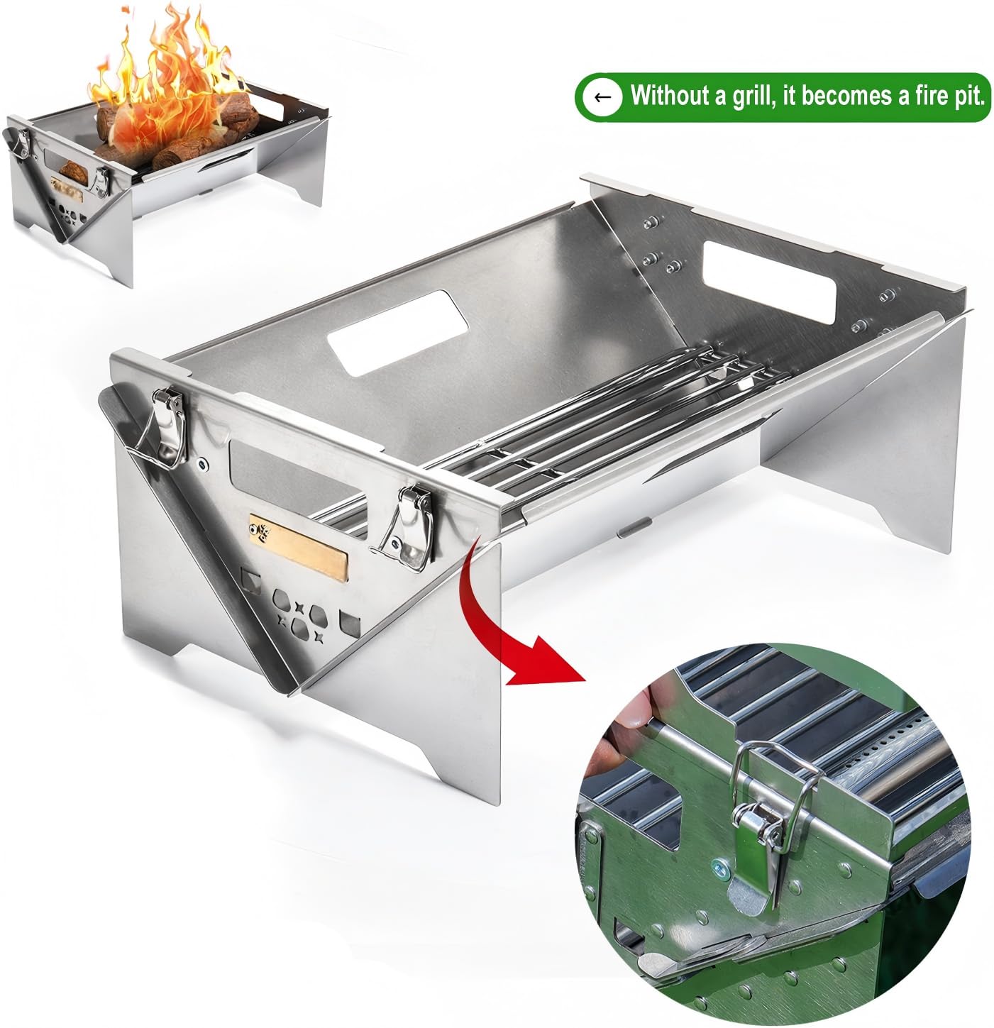Griglia a carbone, rotazione a 360° con vassoio rimovibile e telaio in acciaio regolabile, griglie per barbecue in acciaio inossidabile con ribaltamento per picnic e festa in giardino