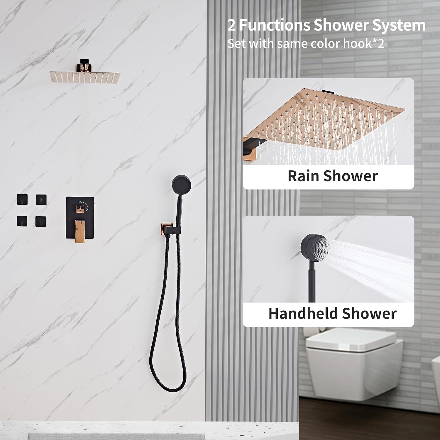 Black Gold Rainfall Shower Head, Wall Mounted 10 Inch Shower Heads with Handheld Spray Combo, Luxury Bathroom Square Rain Shower System, Solid Brass Pressure Balancd Shower Faucet Valve