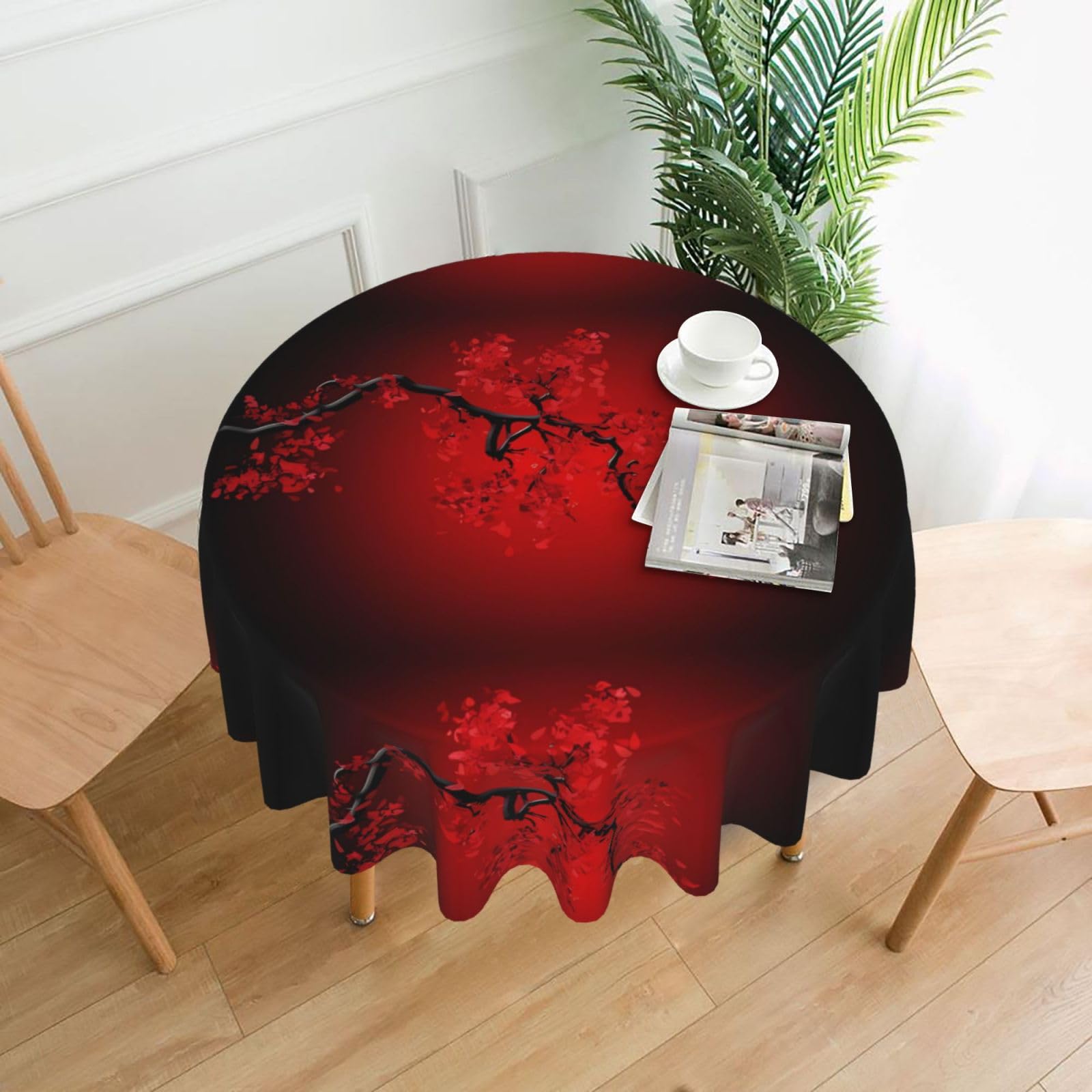 YYHHAOFA Red Cherry Blossom Prints 60in Round Decorative Tablecloth – High-Grade Polyester Throw Cover for Dining, Parties, and Outdoor Events