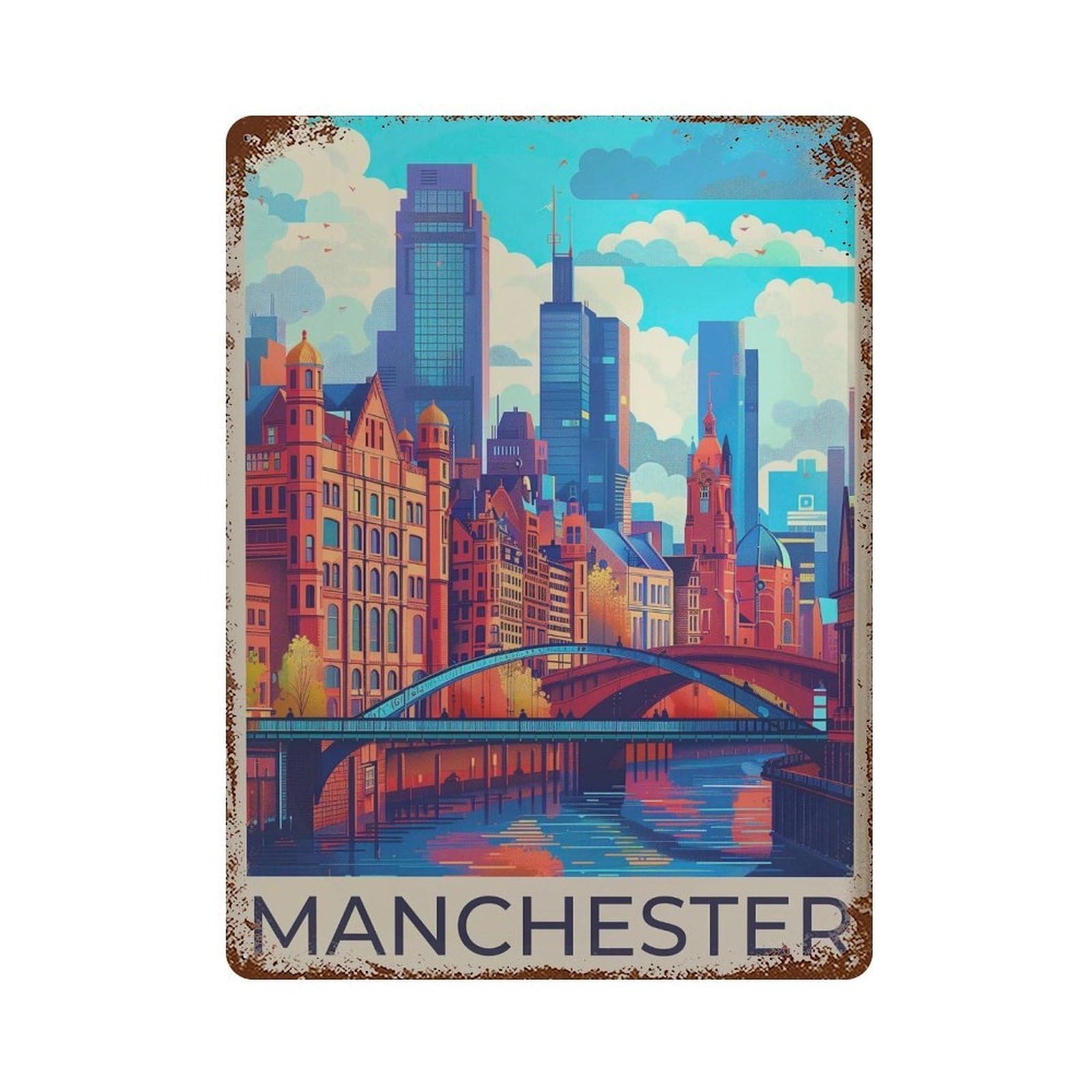 xiaoxiaoshen Manchester England Travel Vibrant Cityscape Wall Decor Art Metal Tin Poster Modern Home Decor Art Home Bar Shop Decorations Vintage Sign 40x30cm