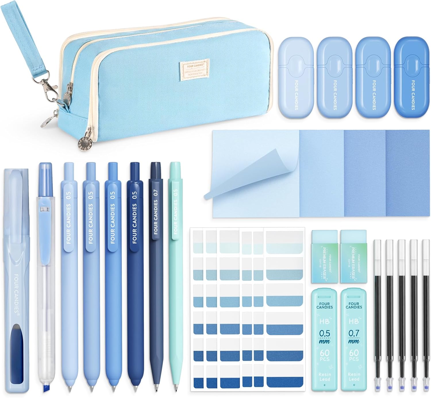 Four Candies Blue School Supplies, Gel Pens with Black Ink, Correction Tapes,Pastel Highlighters, Mechanical Pencils, Sticky Notes, Index Post for Bible Study Stationary College Essentials
