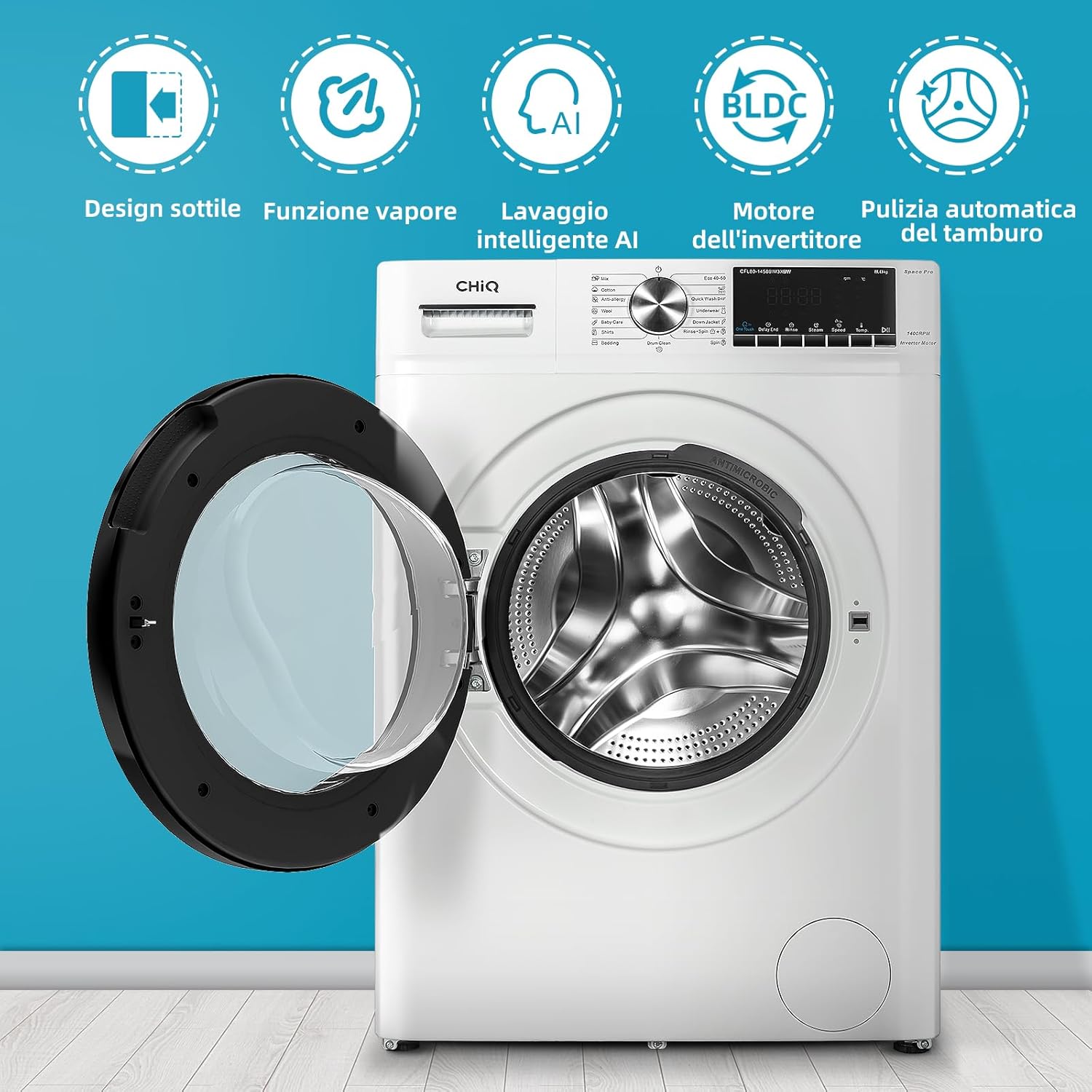 CHiQ CFL80-14586IM3XBW, Lavatrice Slim, 8 Kg, 1400 RPM, 54L,Motore Inverter, One Touch, Quick Wash,Child Lock, 60x43×84cm CHiQ CFL80-14586IM3XBW, Lavatrice Slim, 8 Kg, 1400 RPM, 54L,Motore Inverter, One Touch, Quick Wash,Child Lock, 60x43×84cm
