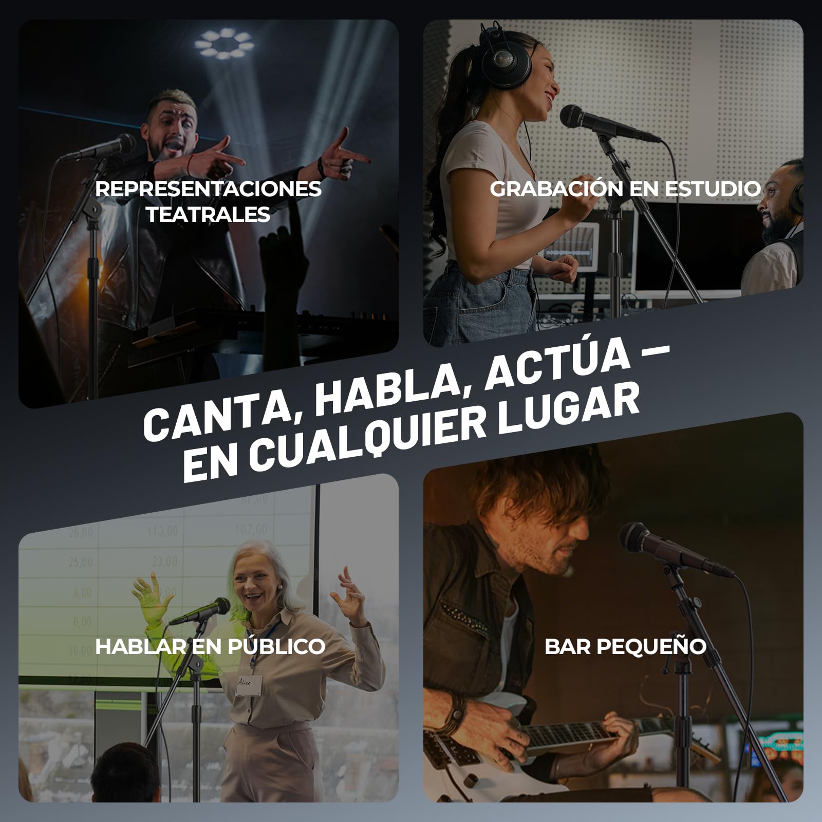 Phenyx Pro Micrófono Vocal Dinámico Cardioide XLR ON/Off PM-25S | Patrón cardioide, mic dinámico, cable XLR 5 m, interruptor on/off, clip, bolsa, canto, escenario, estudio
