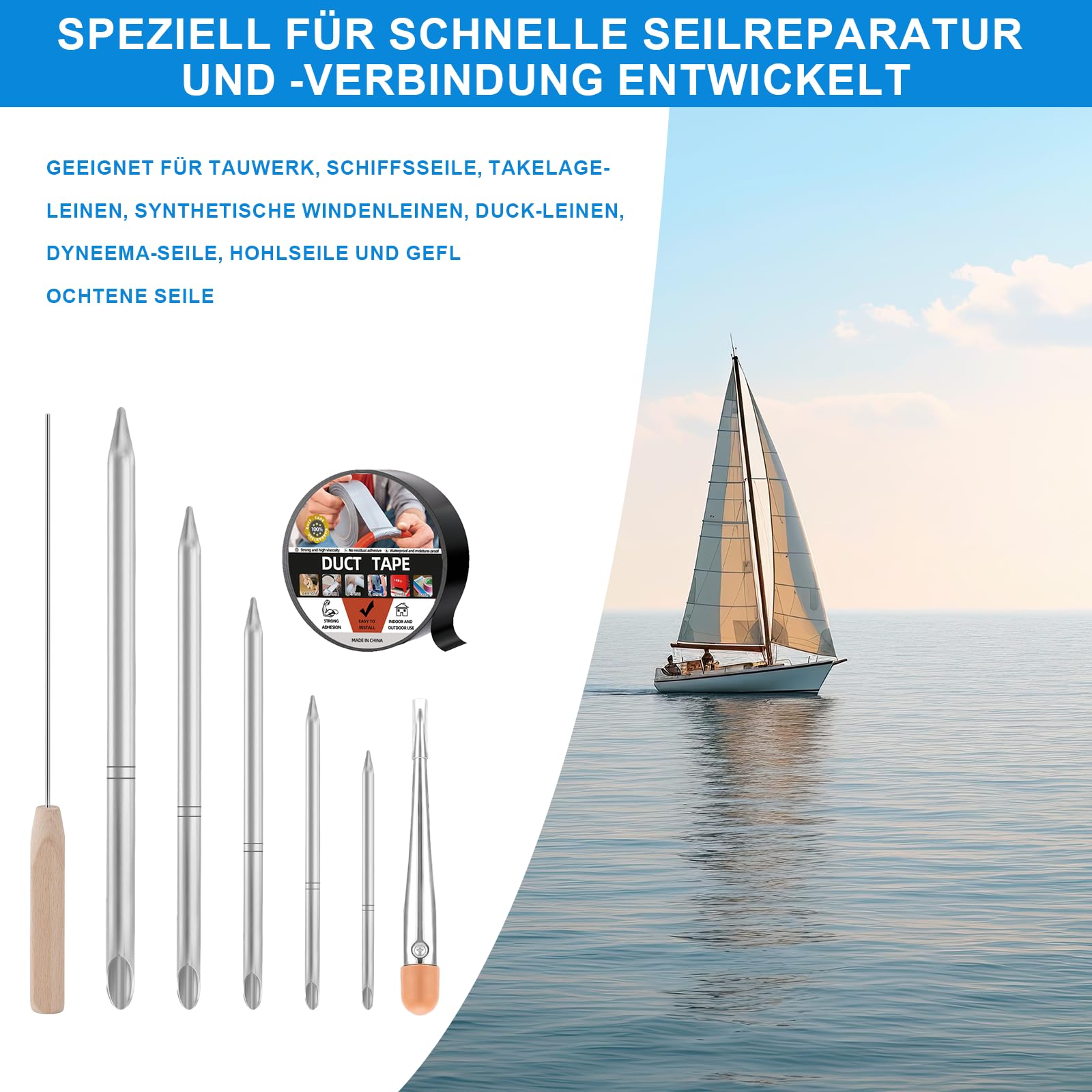 9-Teiliges Seil-Spleißwerkzeug-Set, Seilspleiß-Set, Fid-Kit mit Edelstahl-Stranghalter Seilverbindungsset und Schwarzes Klebeband, Flechtnadeln für Geflochtene Seilverbindung Segeln Takelage Seilwinde
