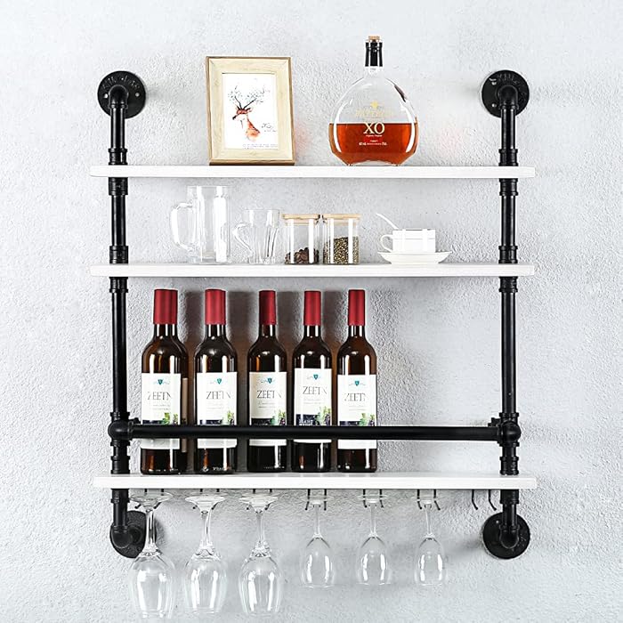 Buy Industrial Pipe Shelf Wine Rack Wall Mounted with 7 Stem Glass Holder,3Tiers Rustic