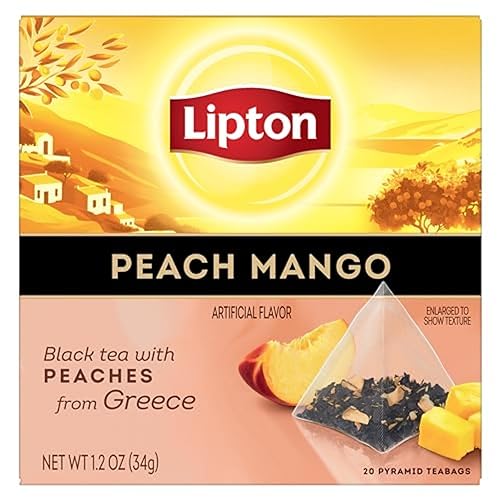 Lipton Té negro, mango de melocotón, bolsas de té piramidales, bolsas de té saborizadas para una taza de té refrescante, 20 bolsas de té en total