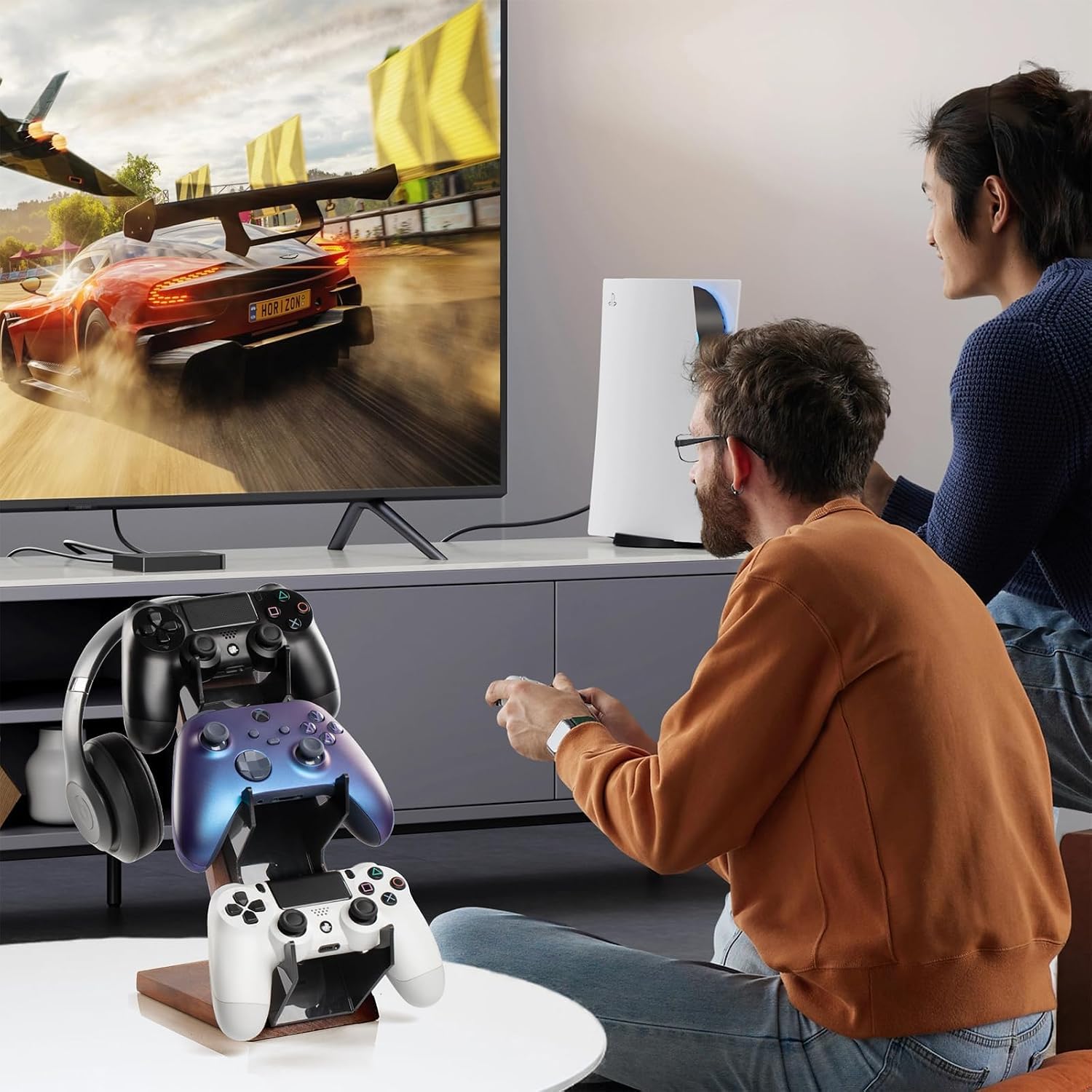 3-stöckiger Holz-Ständer, kompatibel mit PS4, PS5, One-Switch, PS5-Controller-Halterung, Headset, PC-Gaming-Zubehör, Videospiel-Controller-Halter für Schreibtisch (braunes Holz)