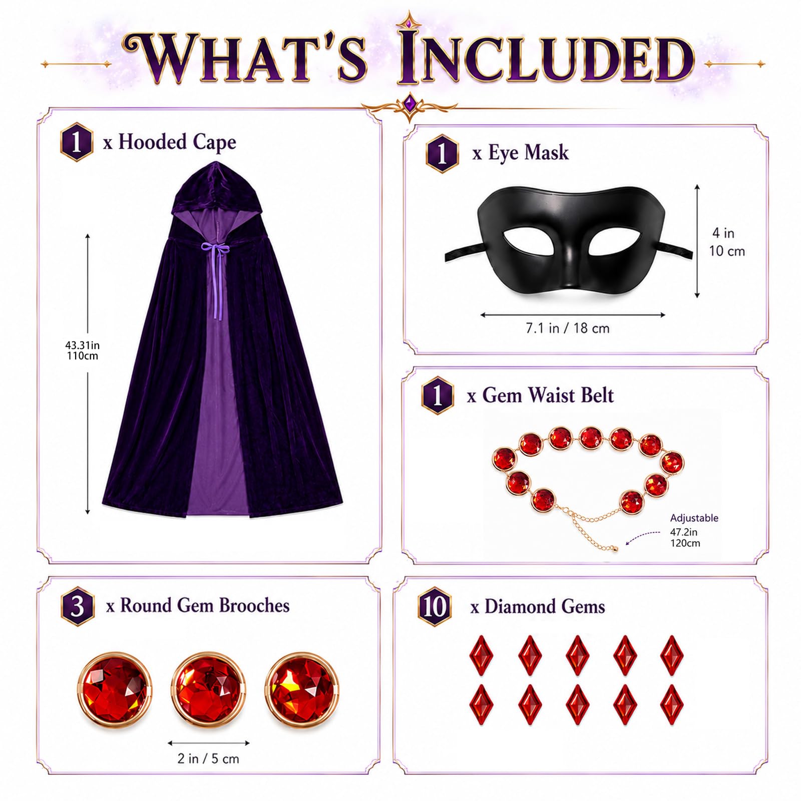 Costume da corvo per bambini, mantello viola in velluto con cappuccio, mantello con cintura, maschera per occhi con gemme rosse, per cosplay, anime, abiti di Halloween, 4 pezzi