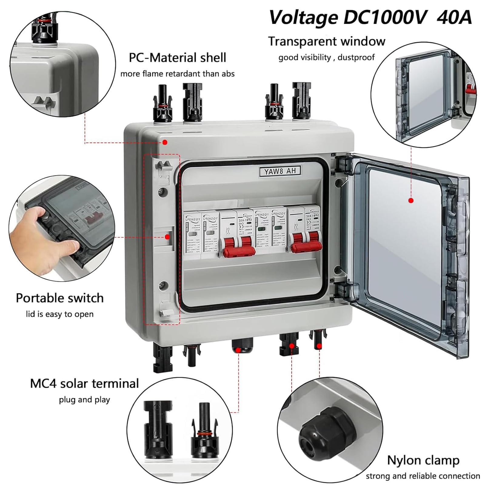 Solar Anschlusskasten Photovoltaik, Überspannungsschutz PV DC1000V 40A Blitzschutz Leitungsschutzschalter 2 String (2 in 2 out), IP65 Wasserdicht & UV-Beständig Generatoranschlusskasten für Photovolta