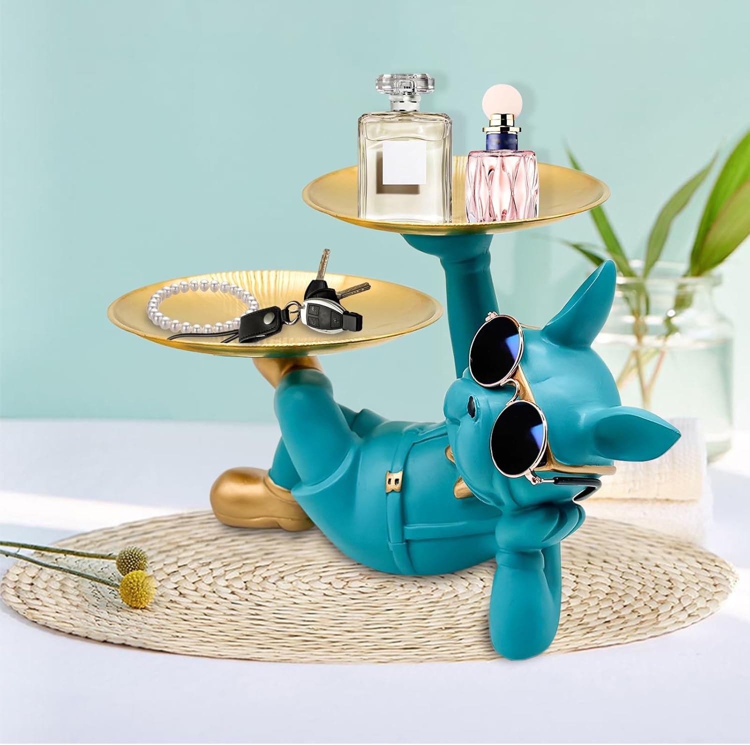 Resin French Bulldog Tray Statue, Lying Bulldog Candy Dish Key Holder Bowl, French Bulldog Accessories, Statues for Office Desk Home Decor Figurines Entryway Table Decor (Blue Green) - Image 6