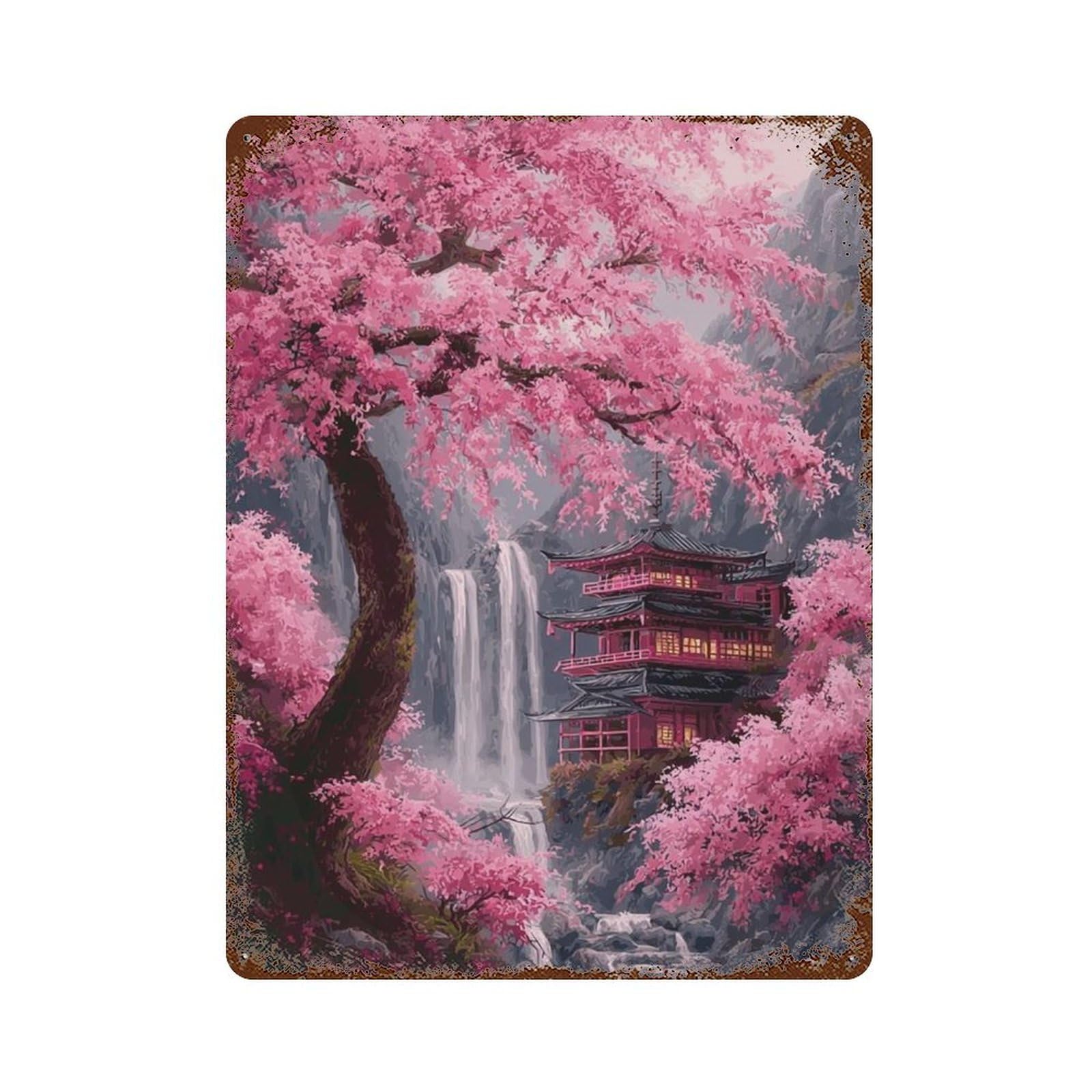 Cherry Blossom Waterfall Pagoda Scene-1 Rust Effect Tin Sign 15.7"x11.8", for Farmhouse, Kitchen And Entryway Decor, Decorative Metal Wall Art