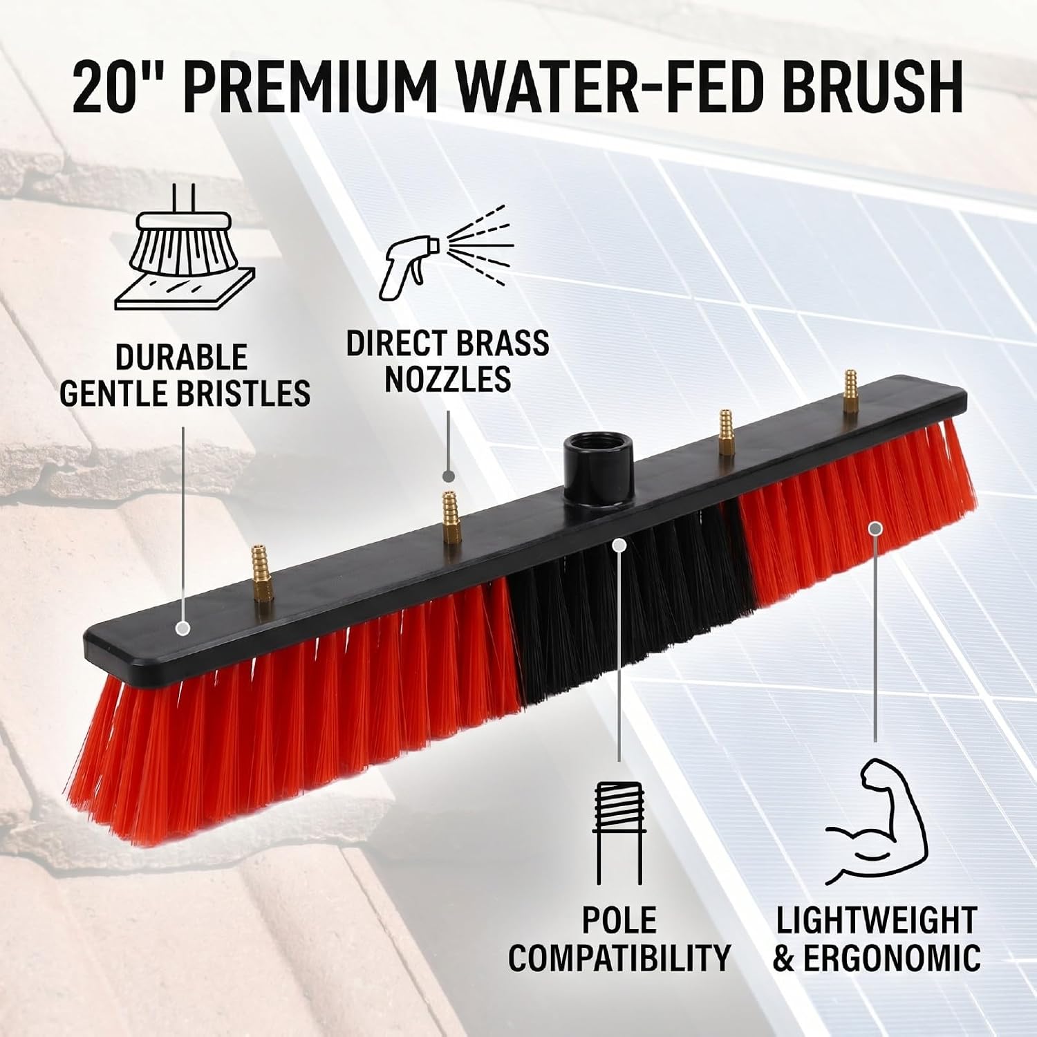 Fafeicy Solar Panel Cleaner Brush 20 Inch Nylon Water Fed Cleaning Tool for Roof Homeowners Lightweight Rooftop Cleaning Use