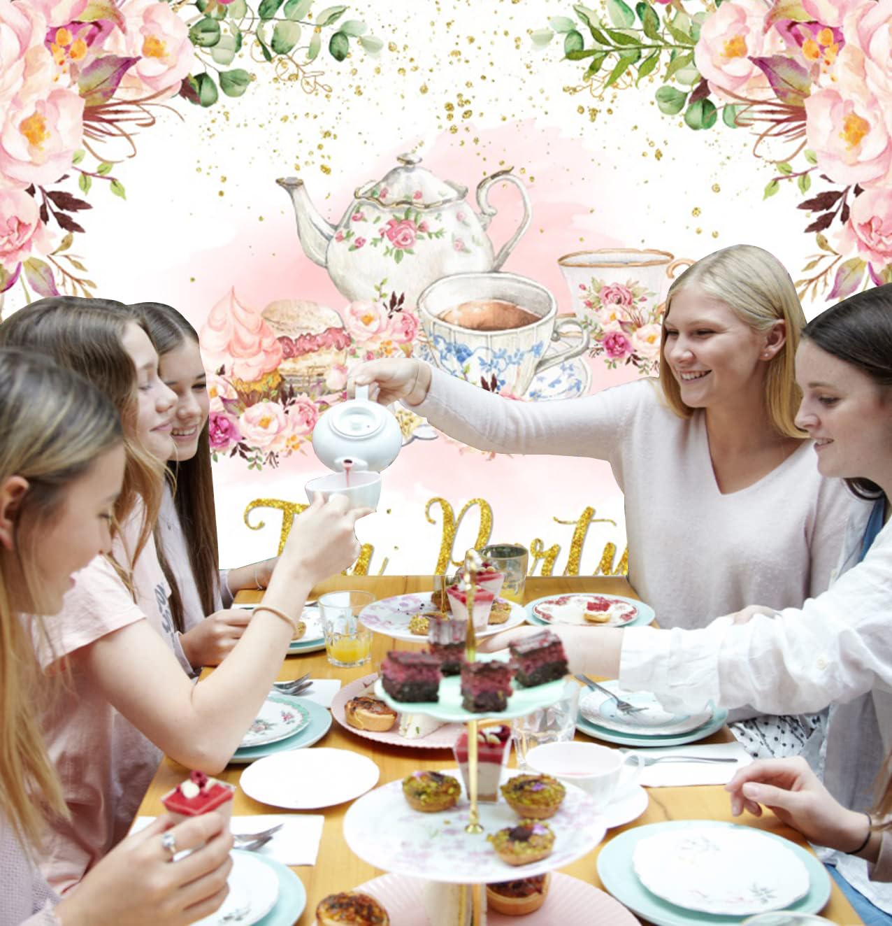 Blumen-Tee-Party-Hintergrund 3x2,5 M – Rosa Floraler Fotohintergrund Für Babyparty, Geburtstag & Dekoration | Aus Vinyl