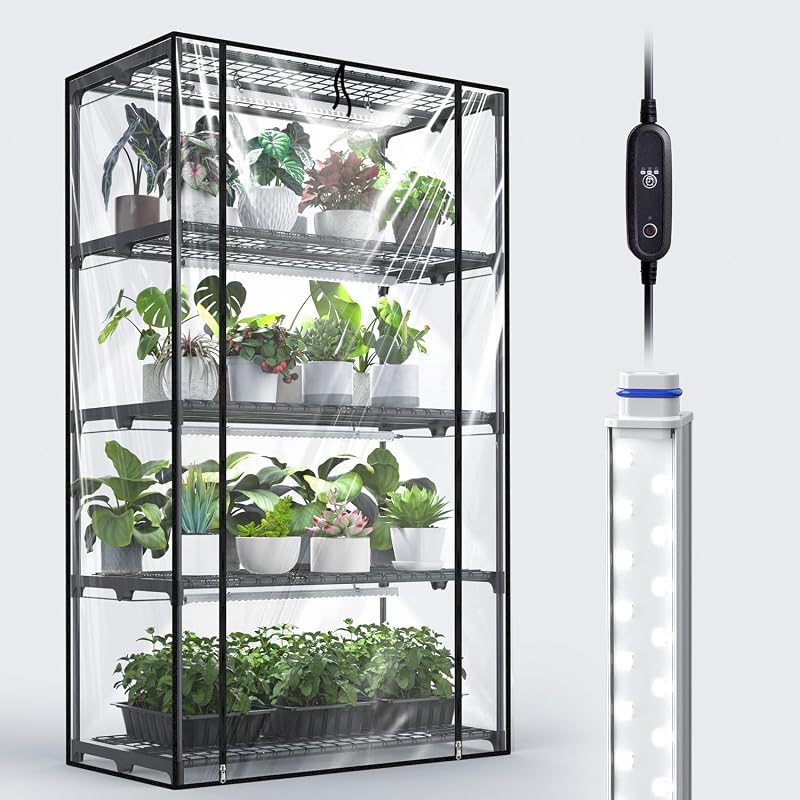 Invernadero de interior con luces de cultivo, 17,7x29,5x59 | Espectro completo de 5000K, mini gabinete, paquete de 5 luces de cultivo (75W), temporizador automático 4/9/14H, marco de metal, arranque de semillas en interiores