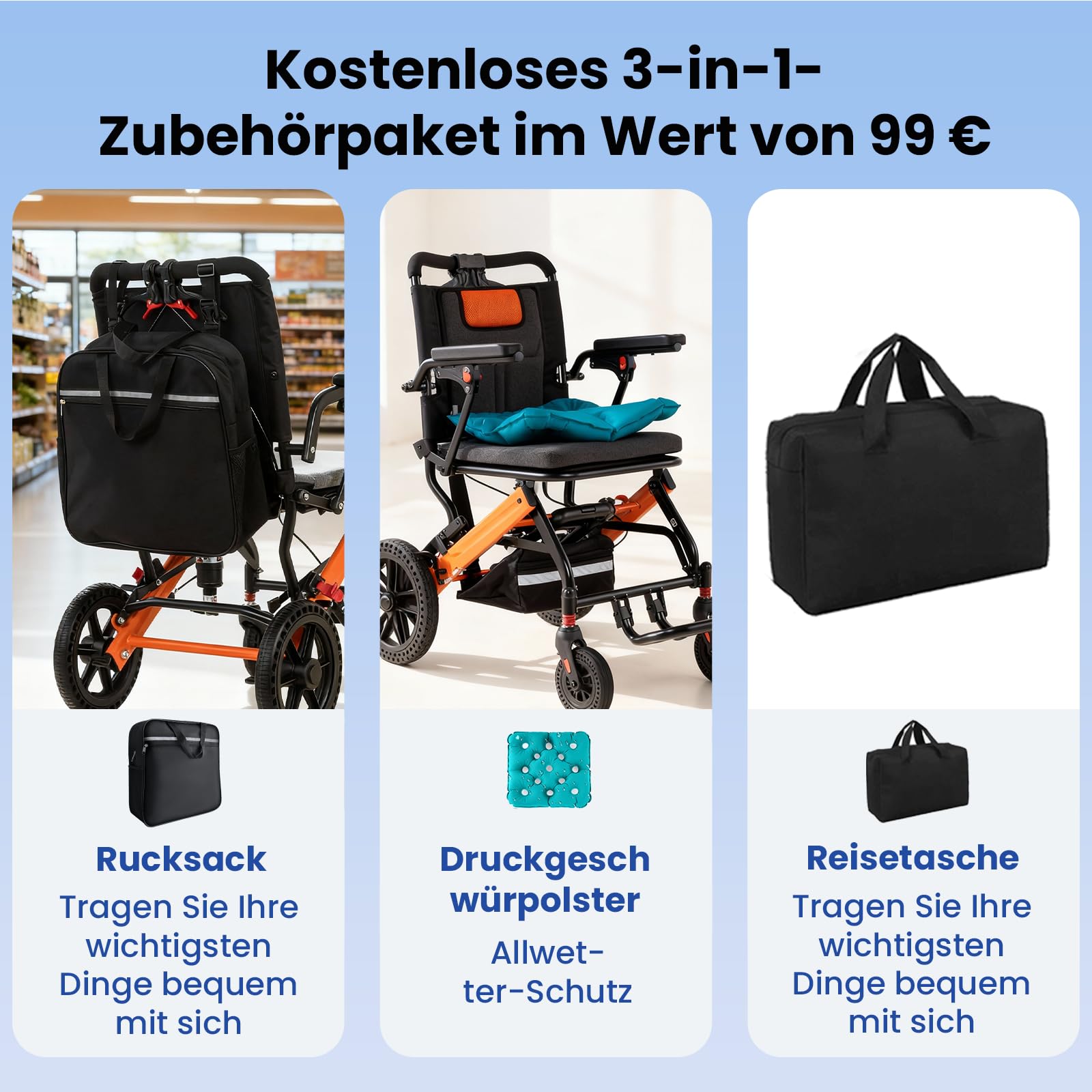 Améliore le fauteuil roulant pliable léger, avec manche télescopique, coussin de siège gonflable, fauteuil roulant ultra léger, pliable, transport avec sac à dos surdimensionné