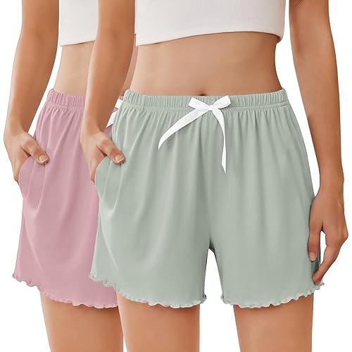 Ekouaer 2 Pack Womens Pajama Shorts 2026 Summer Casual Lounge Sleep Short Ruffle Soft Comfy Pj Bottoms with Pockets