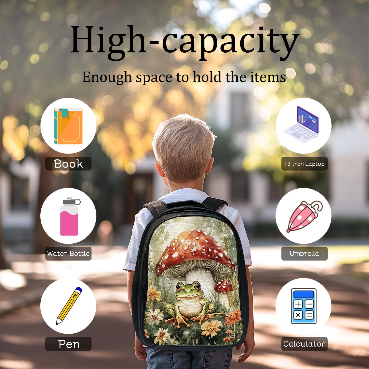 Mushroom Frog Backpack Set 3 Piece School Bags and Lunch Box with Pencil Case Green Cute Frogs Mushrooms Bookbag Set for Toddler Kids Girls Boys Teens Kindergarten Elementary Middle - Image 3