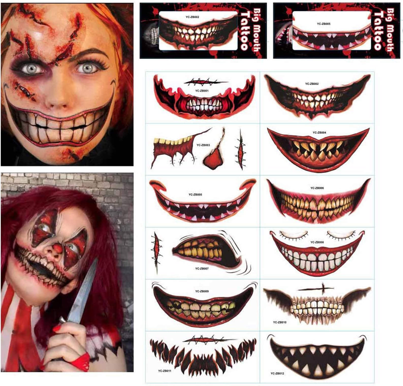 12Pcs Halloween Prank Make up Temporary Tattoos,Halloween Makeup Cosplay Clown Horror Mouth Face Tattoos Smiling Lip Joker Tattoo Prank Makeup Props Face Stickers for Adults Kids