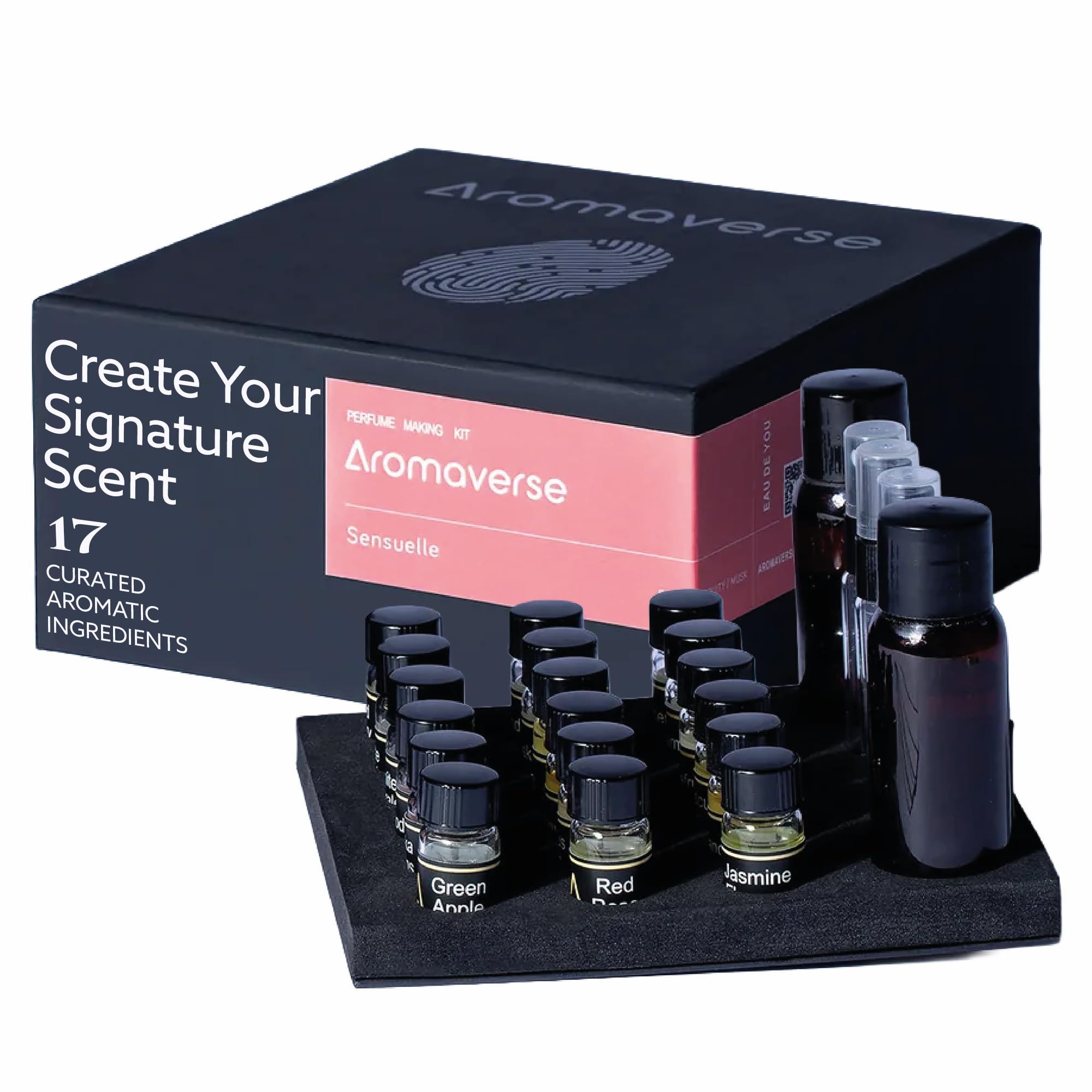 Aromaverse Sensuelle Perfume Making Kit - Make Your Own Perfume Kit for Women & Men with 18 Aromatic Ingredients, Spray Bottles, Droppers & 3 Recipes,
