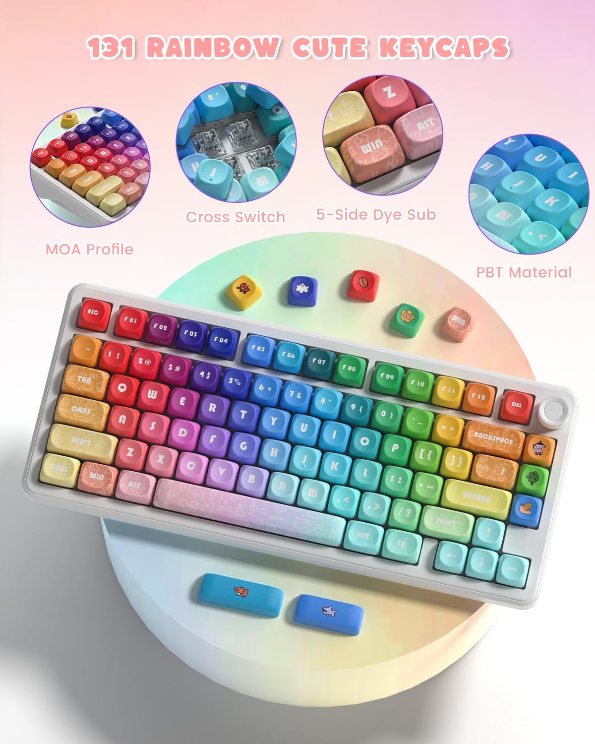MOA Profile PBT Keycaps, 131 Keys Dye-Sublimation Custom Keyboard Keycaps Cute Rainbow Key caps for Cherry Gateron MX Swithes Mechanical Keyboards