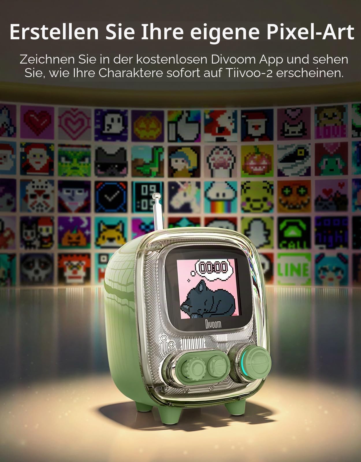 Divoom Tiivoo-2 tragbarer Bluetooth-Lautsprecher mit FM-Radio, Pixel Retro Mini Cute Wireless Speaker, geeignet für Schreibtisch, Büro, Schlafzimmer, Geschenke für Frauen und Männer, grün