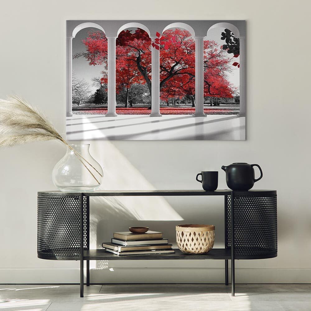 decomonkey Quadri Moderni Soggiorno Finestra Albero, 1 pezzo, 120x80 cm | Tela strutturata su telaio in legno, decorazione da parete, autunno, collona, natura, paesaggio, bianco, nero, rosso